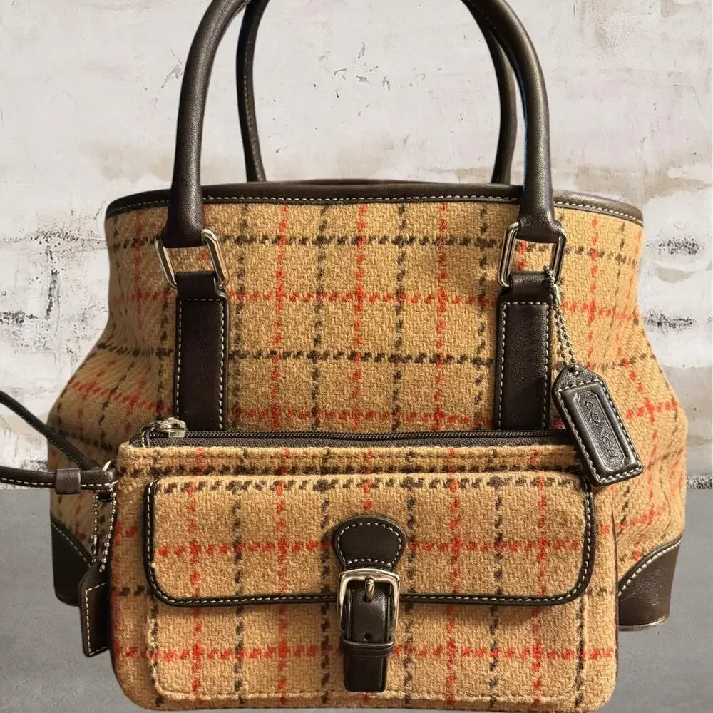 COACH Hampton Wool Plaid Satchel with Brown Leather Trim & Wristlet